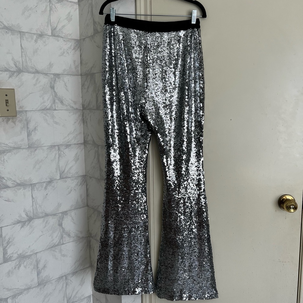 Silver sequin flare pants